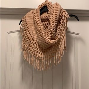 blush pink knit and fringe infinity scarf